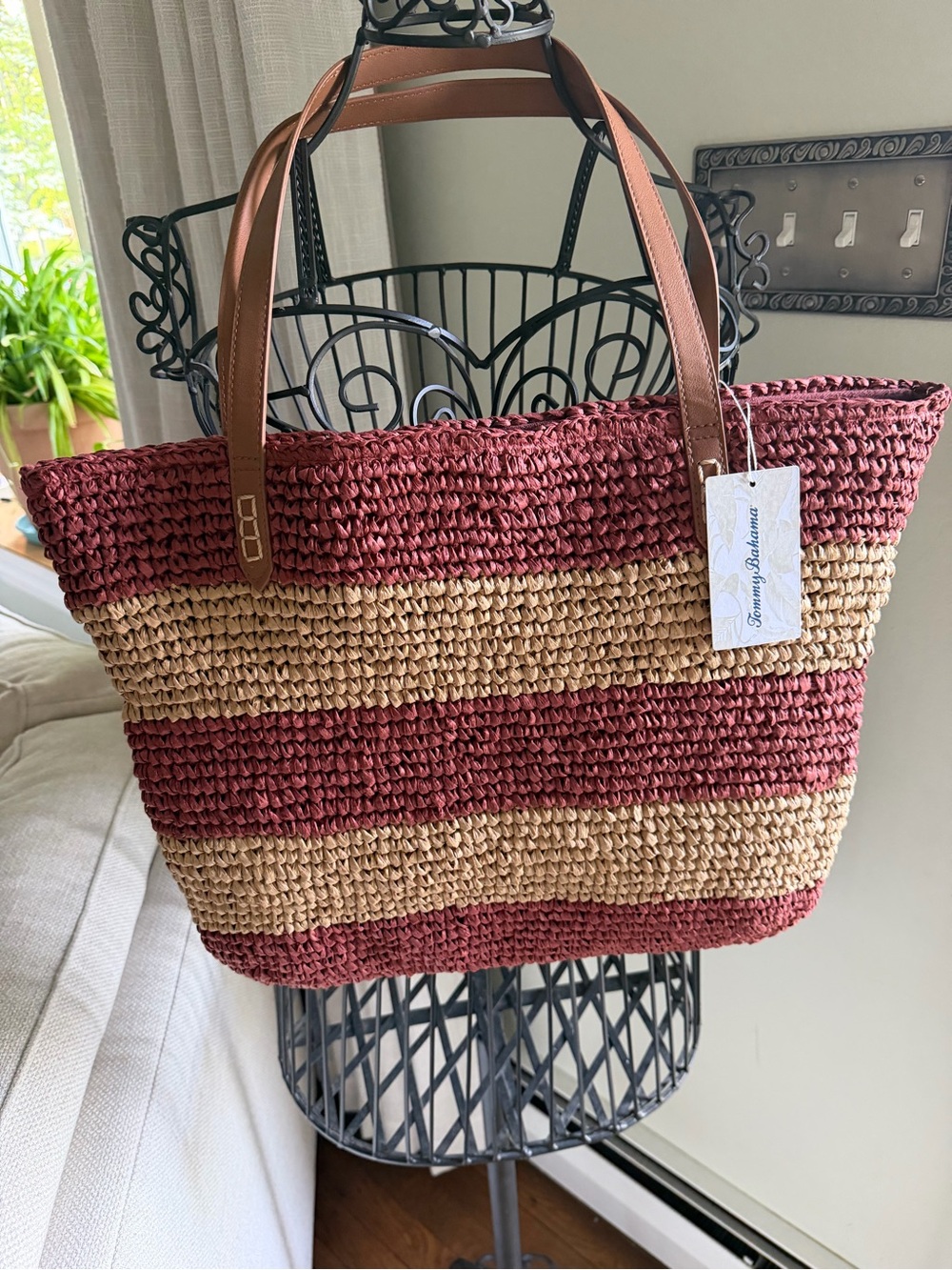 Tommy Bahama Red/Wine and Natural Striped Straw Tote with Tan Leather Handles